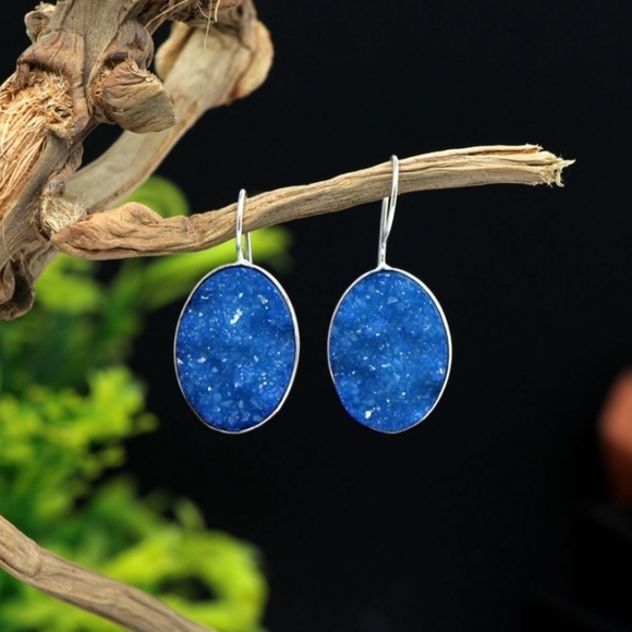 Lapis Blue Druzy Stone Silver Tone New Age Drop Wire Earrings - Picture 2 of 4